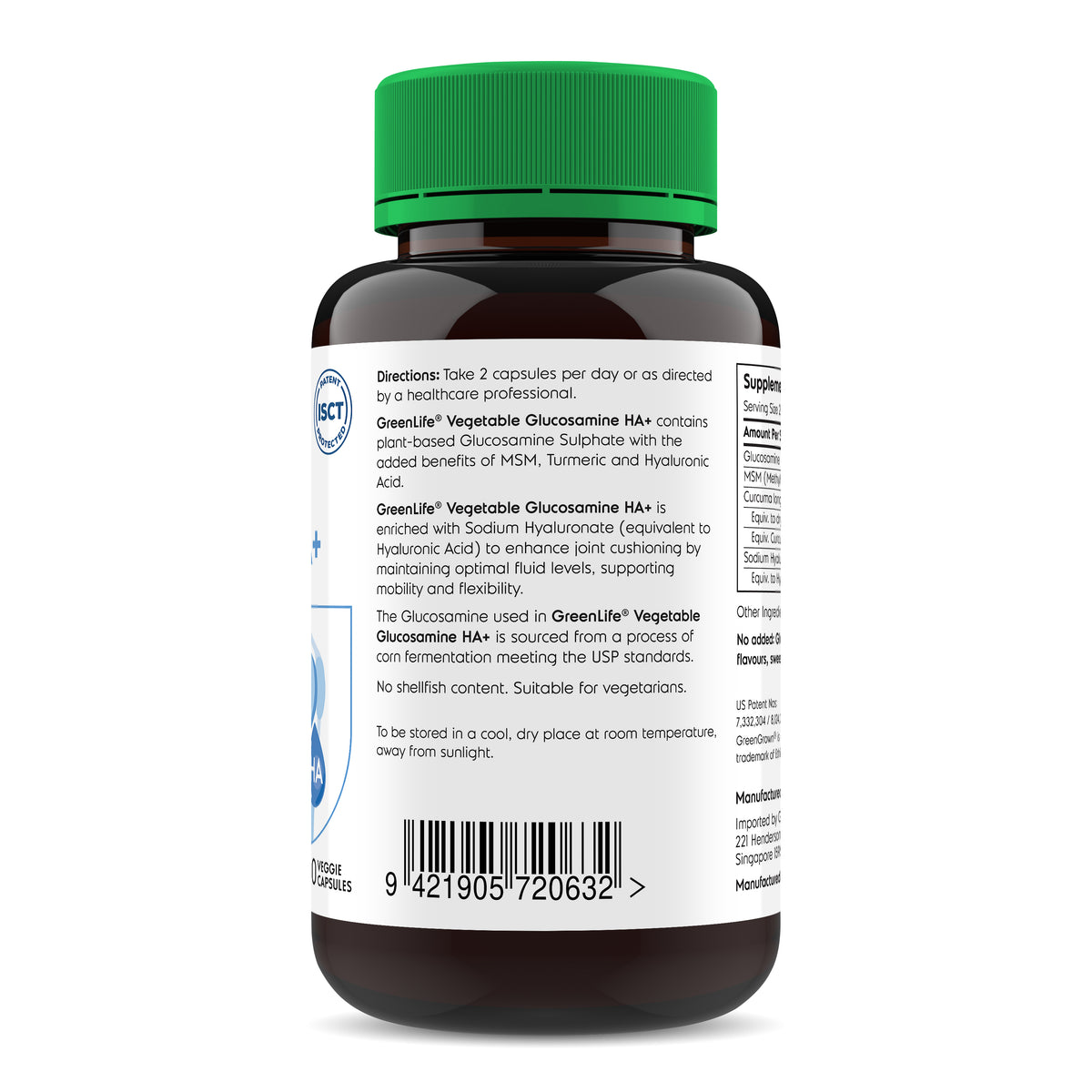 [Upgraded] Vegetable Glucosamine HA+ with MSM, Turmeric & Hyaluronic Acid 180 veggie capsules - GreenLife Singapore