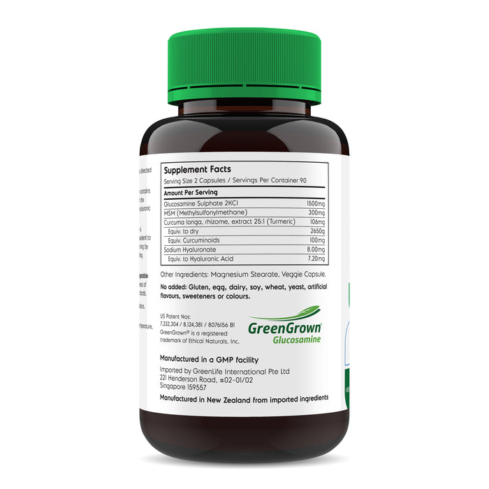 [Upgraded] GreenLife Vegetable Glucosamine HA+ with MSM, Turmeric & Hyaluronic Acid 180 veggie capsules